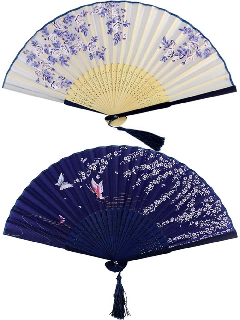 2Pcs Handheld Fans Silk Folding Fans with Bamboo Frames, White Blue